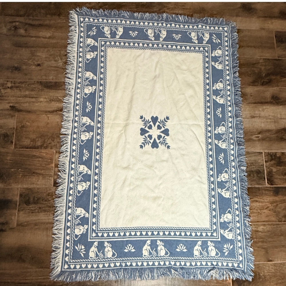 Cottagecore VTG Cat Heart Woven Tapestry Throw Fringe Blanket, Blue White,40x59